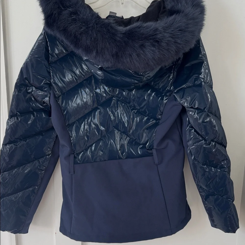 Sweaty Betty Navy Quilted Ski Jacket with Faux-Fur Hood